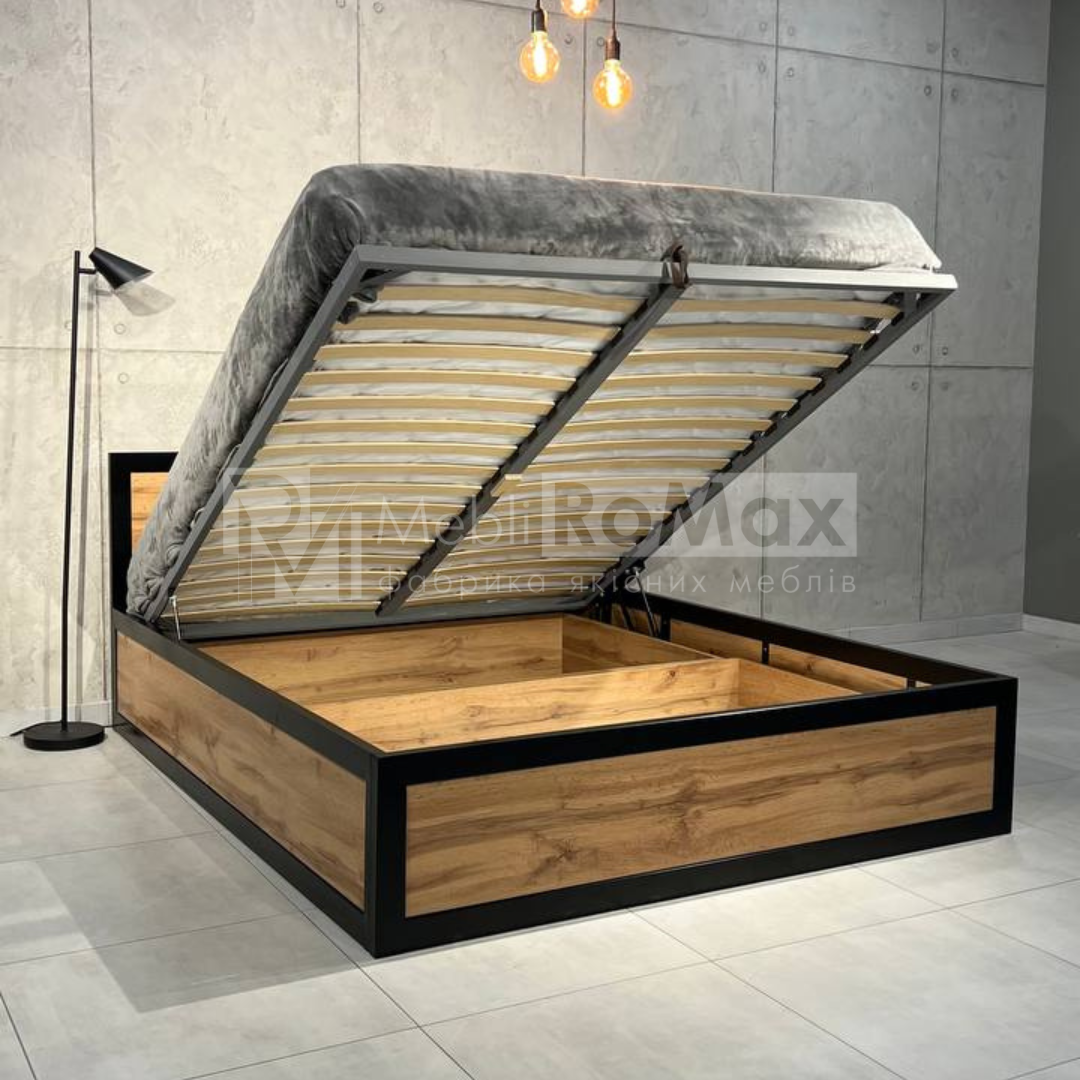 Ліжко металеве в спальню Loft 160х200 з підйомним механізмом, двоспальне залізне ліжко з ламелями - Зображення 2