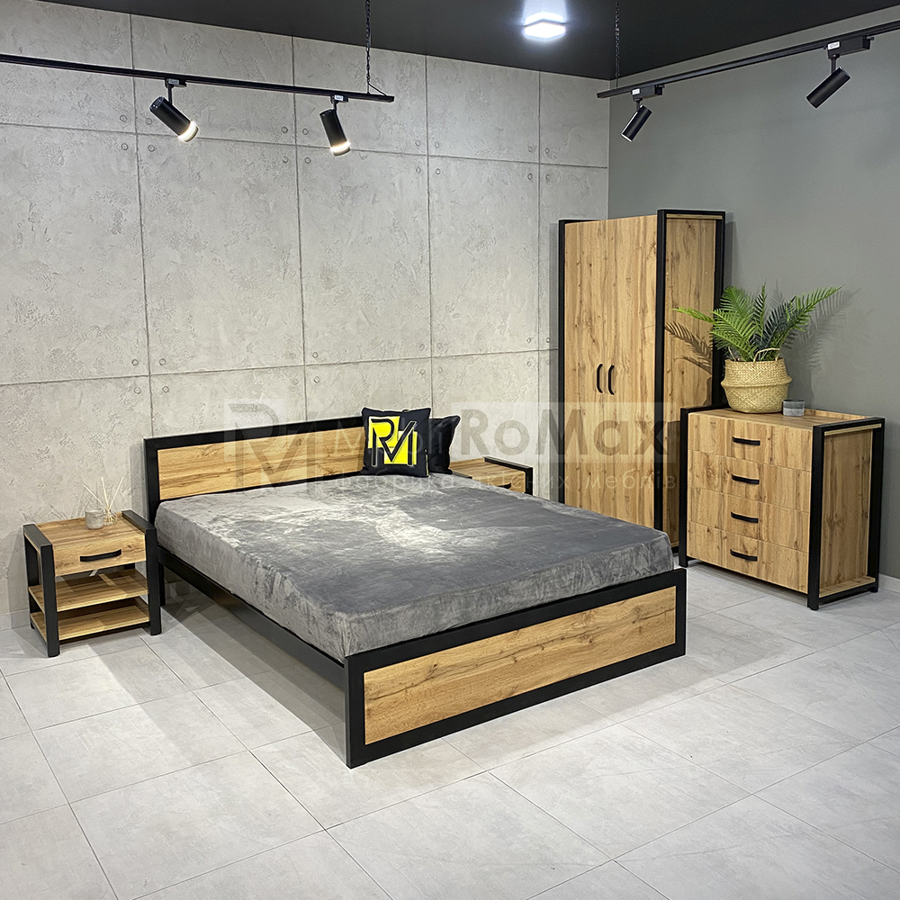 Современный Loft спальный гарнитур: Кровать + Комод + Шкаф + Тумба, готовый комплект мебели для спальни из ДСП