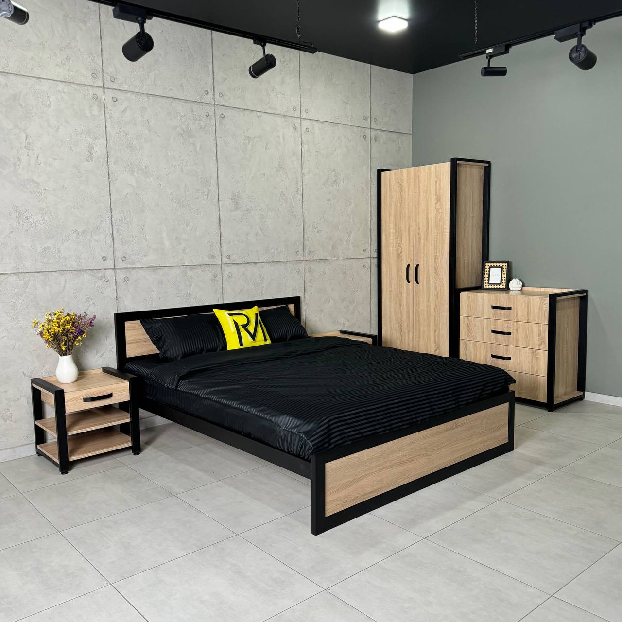 Сучасні Loft спальні гарнітури: Ліжко+Комод + Шафа + Тумба, готовий комплект меблів для спальні з ДСП - Зображення 2